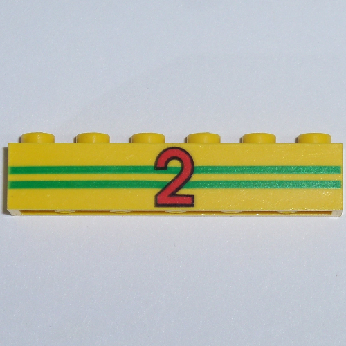 Brick 1 x 6 with 2 Green Stripes and Red '2' Print (Yellow)