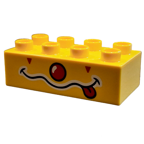 Duplo Brick 2 x 4 with Red Nose, Squiggly Mouth and Red Tongue Print (Yellow)