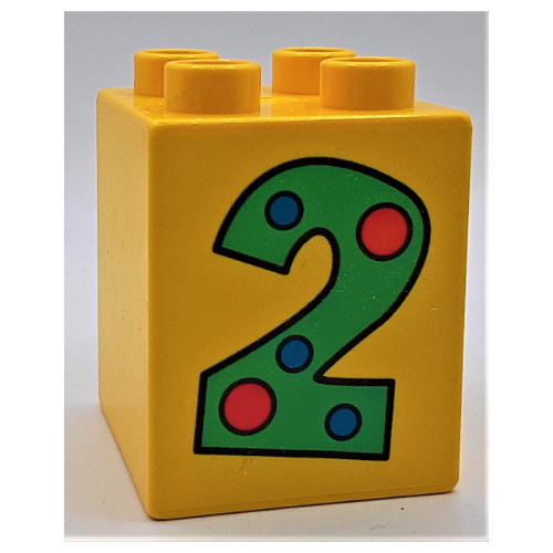 Duplo Brick 2 x 2 x 2 with Number 2 with Polka Dots Print (Yellow)