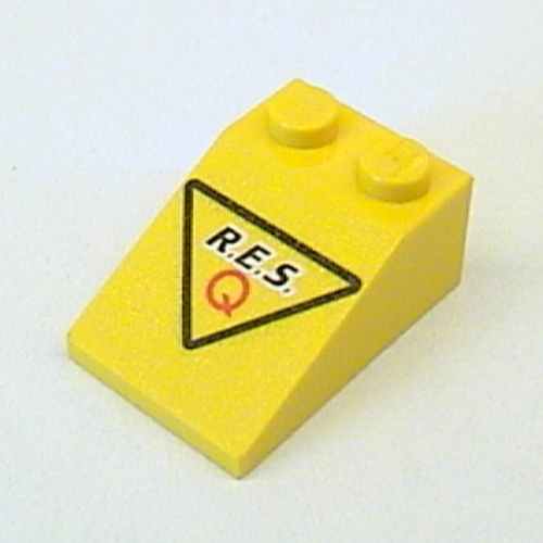 Brick Sloped 33° 3 x 2 with 'R.E.S. Q' and Black Triangle Print (Res-Q) (Yellow)
