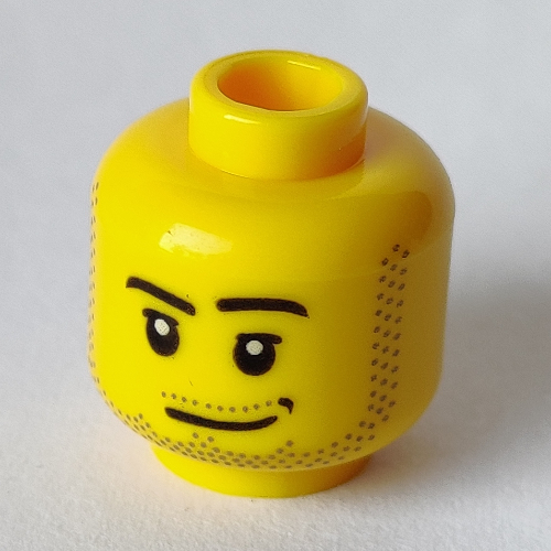 Minifig Head, Smirk, Black Dimple, Stubble Beard and Moustache and Sideburns Print (Yellow)