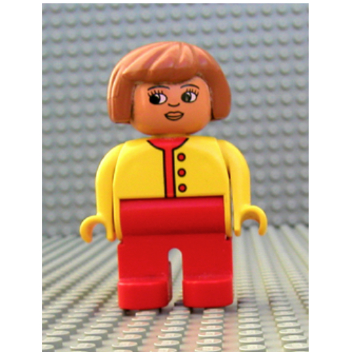 Duplo Figure, Early, Hair Bob Fabuland Brown, Red Legs, Red Buttons and Undershirt (Yellow)