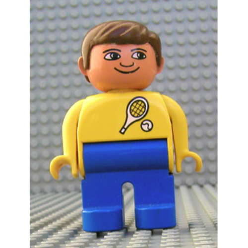 Duplo Figure, Early, with Short Parted Hair Brown, Blue Legs, White Tennis Racket and Ball Print (Yellow)