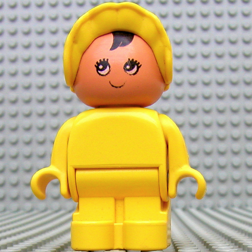 Duplo Figure, Early with Joined Legs, with Yellow Legs, Black Hair, and Yellow Bonnet (Baby) (Yellow)