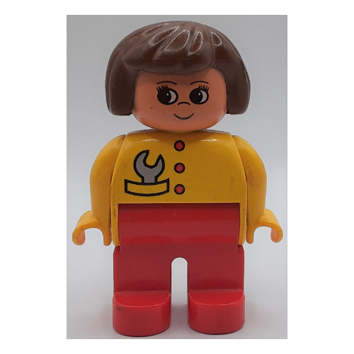 Duplo Figure, Early, Hair Bob Brown, Red Legs, Red Buttons and Gray Wrench, Turned Up Nose Print (Yellow)