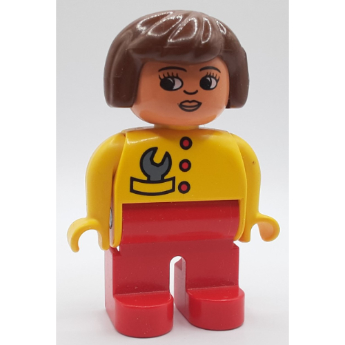 Duplo Figure, Early, Hair Bob Brown, Red Legs, Red Buttons and Gray Wrench, Turned Down Nose Print (Yellow)