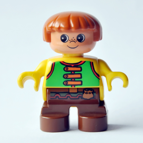 Duplo Figure, Early Child, with Straight Hair Fabuland Brown, Brown Legs, Green Vest Print (Yellow)