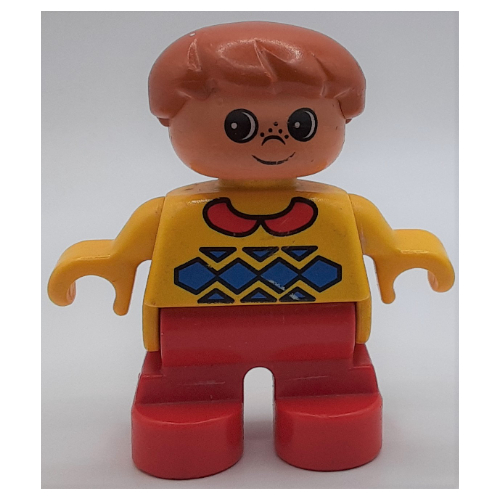 Duplo Figure, Early Child, Hair Swept Left Dark Orange, Red Legs, Red Collar and Blue Argyle Print (Yellow)