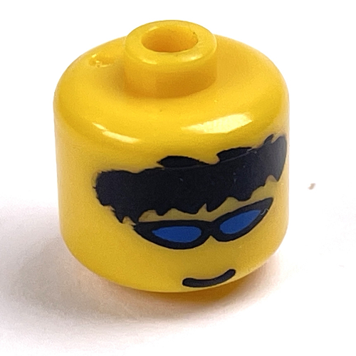 Pen Bead, Round Large, Curved Edges / Cylinder with Minifig Head with Sunglasses, Black Hair Print (Yellow)