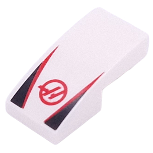 Brick Curved 2 x 1 No Studs with Red HAAS Logo, Red Strips, Black Triangles Print (White)