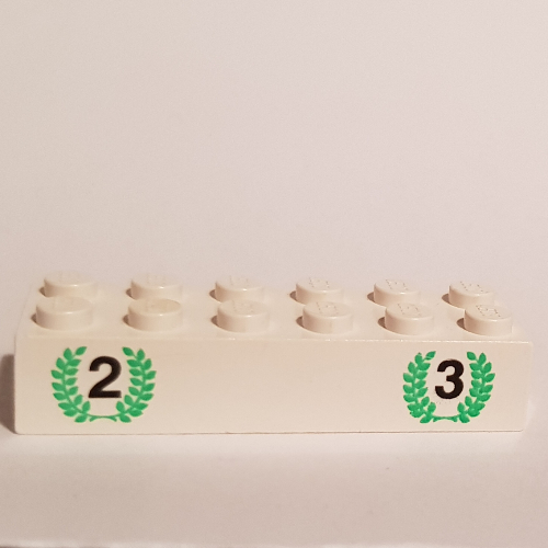 Brick 2 x 6 with '2' and '3' in Green Laurels Print (White)