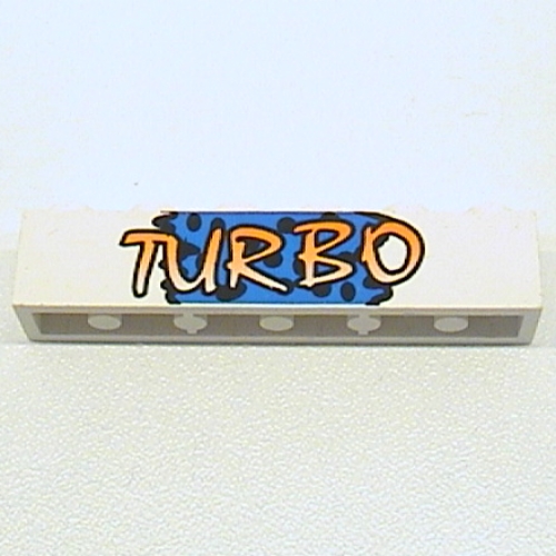 Brick 1 x 6 with Yellow 'TURBO' on Blue Background and Black Spots Print (White)