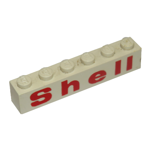 Brick 1 x 6 with 'Shell' Rounded 'e', Red Print (White)