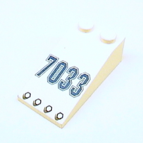 Brick Sloped 18° 4 x 2 with '7033' and Rivets Print (White)