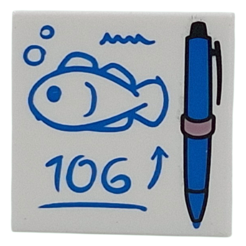 Tile 2 x 2 with Blue Pen, Drawing of Fish, '106' Print (White)
