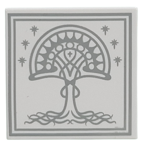 Tile 2 x 2 with Light Bluish Grey Tree, Stars, Border Print (White Tree of Gondor) (White)