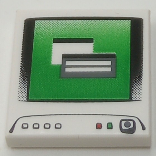 Tile 2 x 2 with Computer Monitor, Dark Bluish Gray Power Switch Dot Print (White)