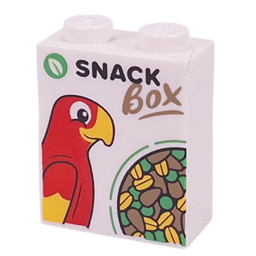 Brick 1 x 2 x 2 with 'SNACK BOX', Parrot, Pellets Print (White)