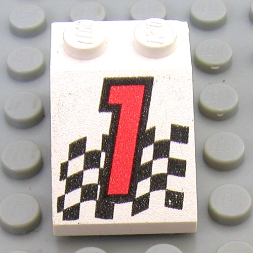 Brick Sloped 33° 3 x 2 with Red '1', Chequered Flag Print (White)
