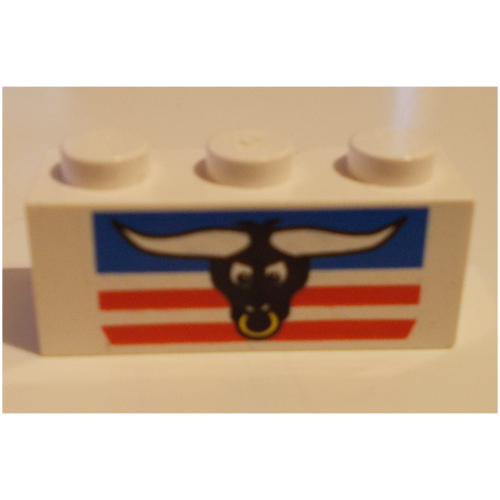 Brick 1 x 3 with Bull's Head, Blue and Red Stripes Print (White)