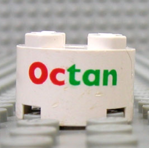 Brick Round 2 x 2 with 'Octan' Print (White)