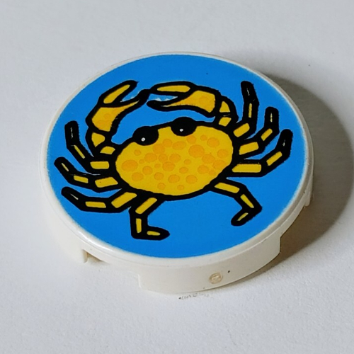 Tile Round 2 x 2 with Blue Background and Yellow Crab Print (White)