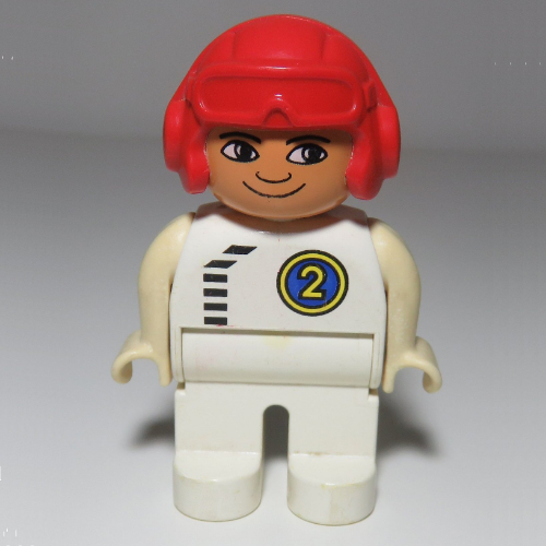 Duplo Figure, Early, Aviator Hat Red, White Legs, Top with Black Zipper and Racer #2 in Blue Circle Print (White)