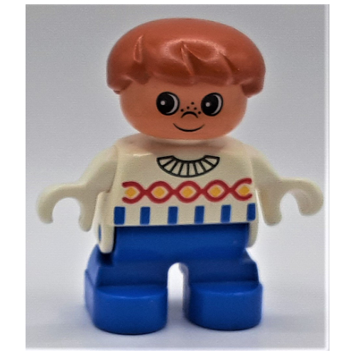 Duplo Figure, Early Child, Hair Swept Left Dark Orange, Blue Legs, Blue Stripes and Red Twist on Sweater Print (White)