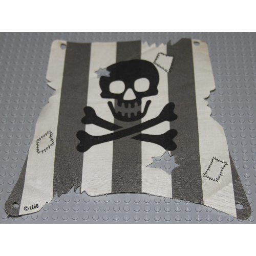 Sail, Tattered with Hole, Damage Cutouts and Dark Gray Stripes, Skull and Crossbones Print (White)