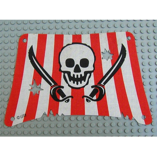 Sail, Tattered, Rectangle with Damage and Red Stripes, Skull and 2 Cutlasses Print (White)