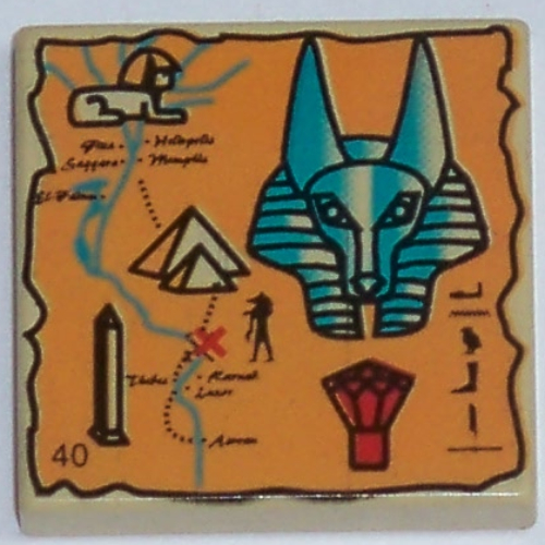 Tile 2 x 2 with Orange Map and Hieroglyphs, Anubis Head, 40 Print (Tan)