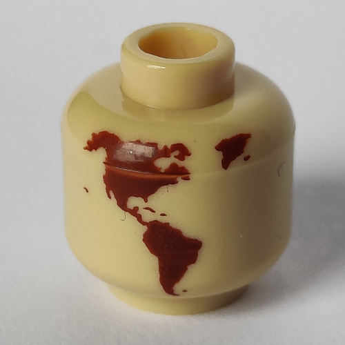 Minifig Head (No Face), Reddish Brown World Map Missing Japan, Hawaii Print (Tan)