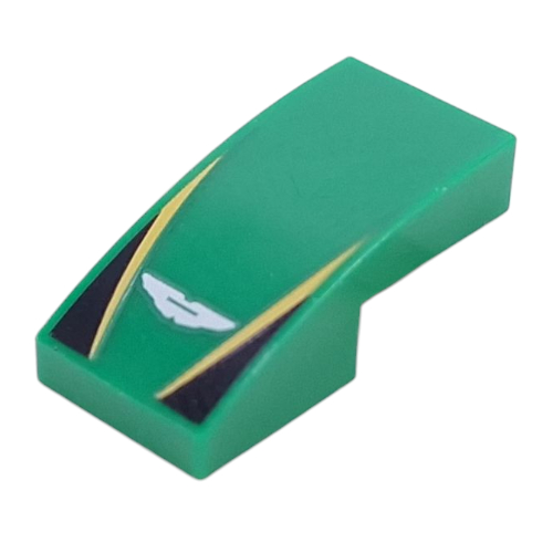 Brick Curved 2 x 1 No Studs with White Aston Martin Logo, Yellow Lines, Black Triangles Print (Green)