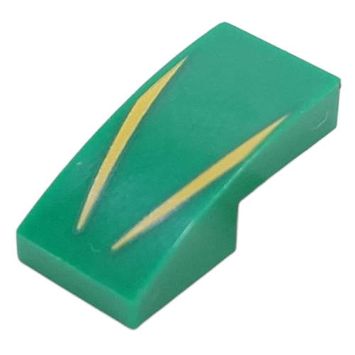 Brick Curved 2 x 1 No Studs with Yellow Lines Print (Green)