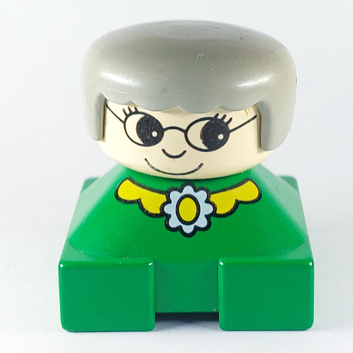 Duplo 2 x 2 x 2 Figure Brick, Rounded Bangs, White Head, Light Gray Hair, Yellow Collar and Flower Print (Green)