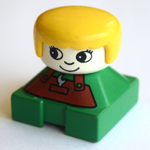 Duplo 2 x 2 x 2 Figure Brick, Rounded Bangs, White Head, Yellow Hair, Brown Apron with Spanner and Pocket, Round Eyes and Eyelashes Print (Green)