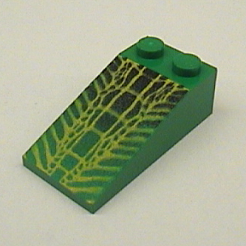 Brick Sloped 18° 4 x 2 with Yellow Gator Skin Print (Green)