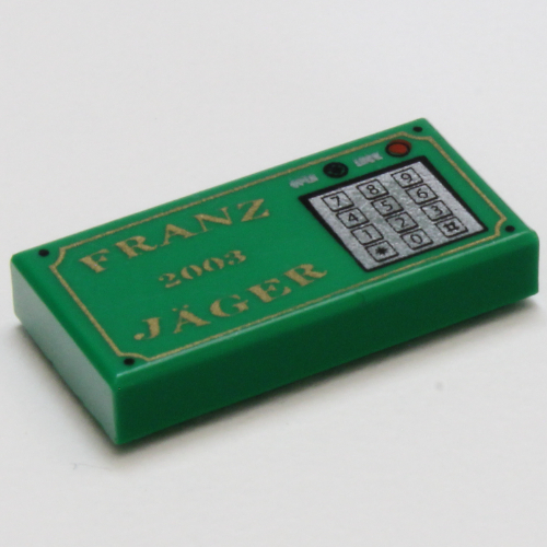 Tile 1 x 2 with 'FRANZ JÄGER 2003' and Keypad Print (Green)