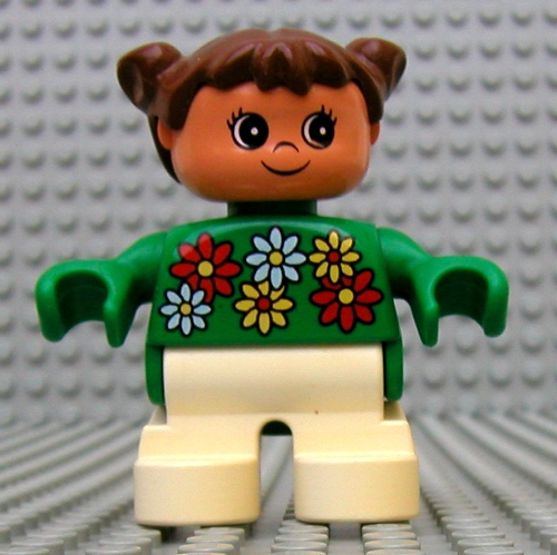 Duplo Figure, Early Child, with Pigtails Brown, White Legs, White, Red and Yellow Flowers (Green)