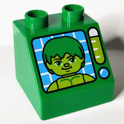 Duplo Brick 2 x 2 Slope 45° with Monitor with Hulk Print (Green)