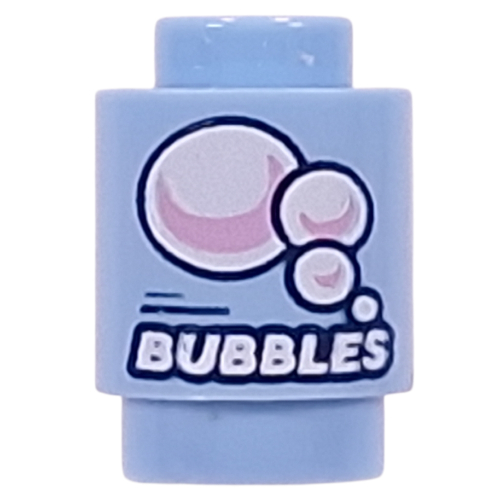 Brick Round 1 x 1 with White/Pink Bubbles, 'BUBBLES' Print (Bright Light Blue)