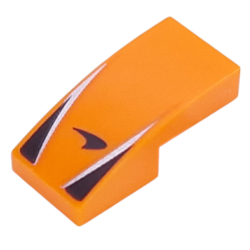 Brick Curved 2 x 1 No Studs with Black McLaren Logo, Black Triangles, Silver Stripes Print (Orange)