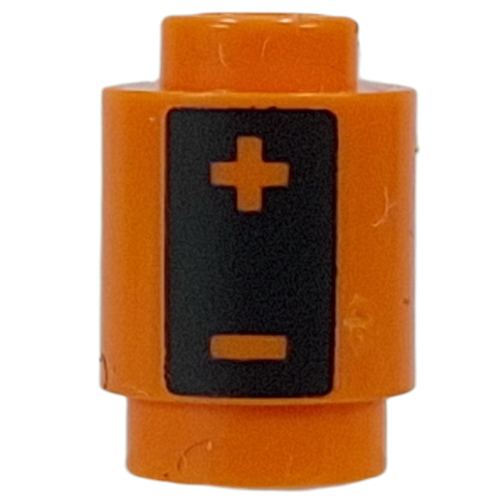 Brick Round 1 x 1 with Black Rectangle, +, - (Battery) Print (Orange)