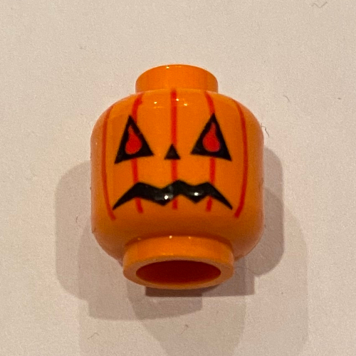 Minifig Head Pumpkin, Jack O' Lantern Print [Blocked Open Stud] (Orange)