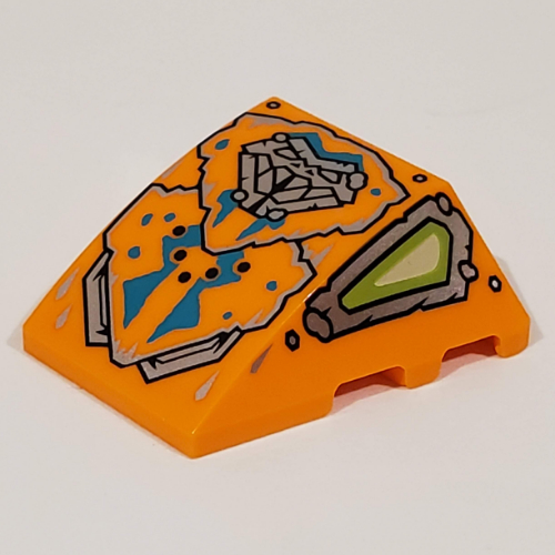 Brick Wedged, Curved 4 x 3 No Studs with Dark Turquoise Decorations, Lime Eyes Print (Orange)