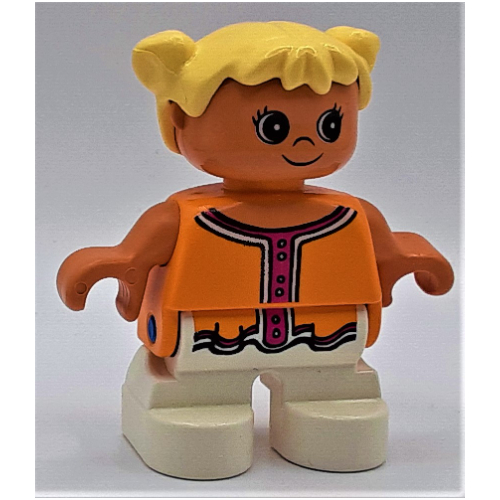 Duplo Figure, Early Child, with Pigtails Light Yellow, White Legs, Dark Pink Collar and Buttons Print (Orange)