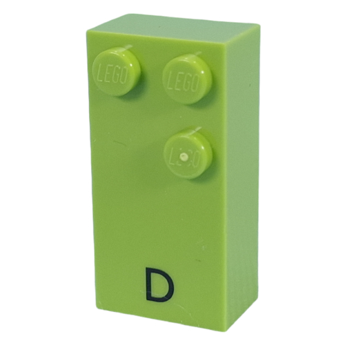 Braille Brick 2 x 4 with 3 Studs ⠙ and 'D' Print (Lime)