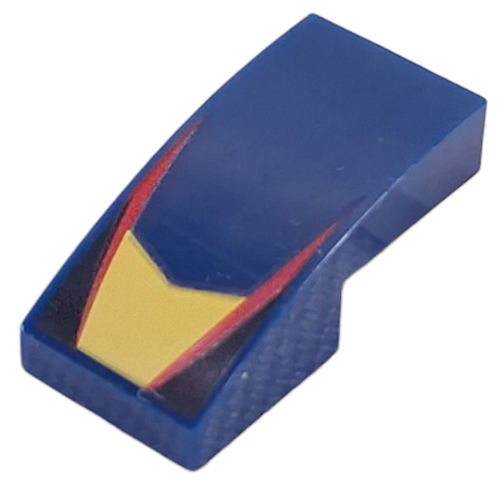 Brick Curved 2 x 1 No Studs with Yellow Shape, Red Lines, Black Triangles Print (Dark Blue)