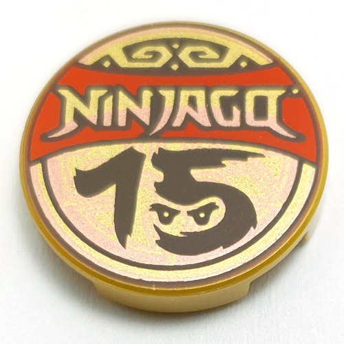 Tile Round 2 x 2 with NINJAGO on Red Banner, Black '15' with Face Print (Pearl Gold)