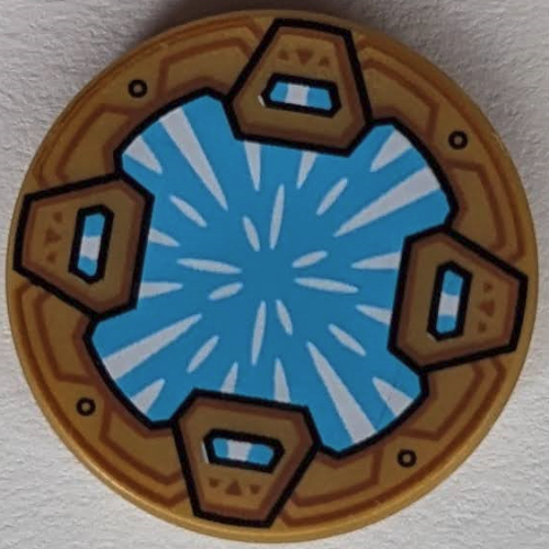 Tile Round 2 x 2 with Medium Azure Circle, White Stripes (Energy Portal) Print (Pearl Gold)
